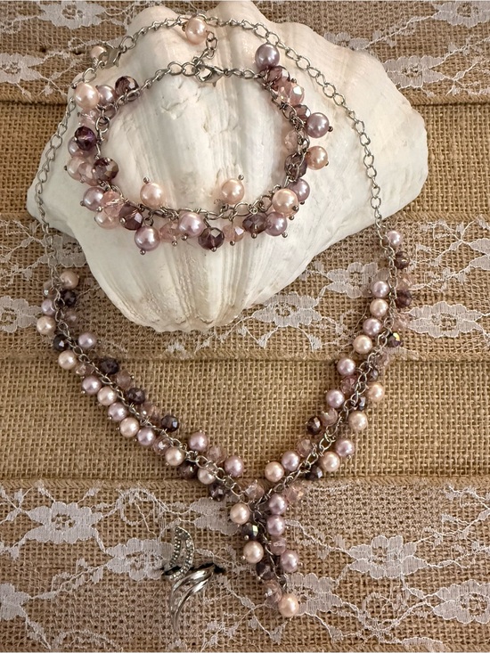Jewelry - Elegant Pink Pearl & Mauve Crystal Necklace silver tone ring and Bracelet Set